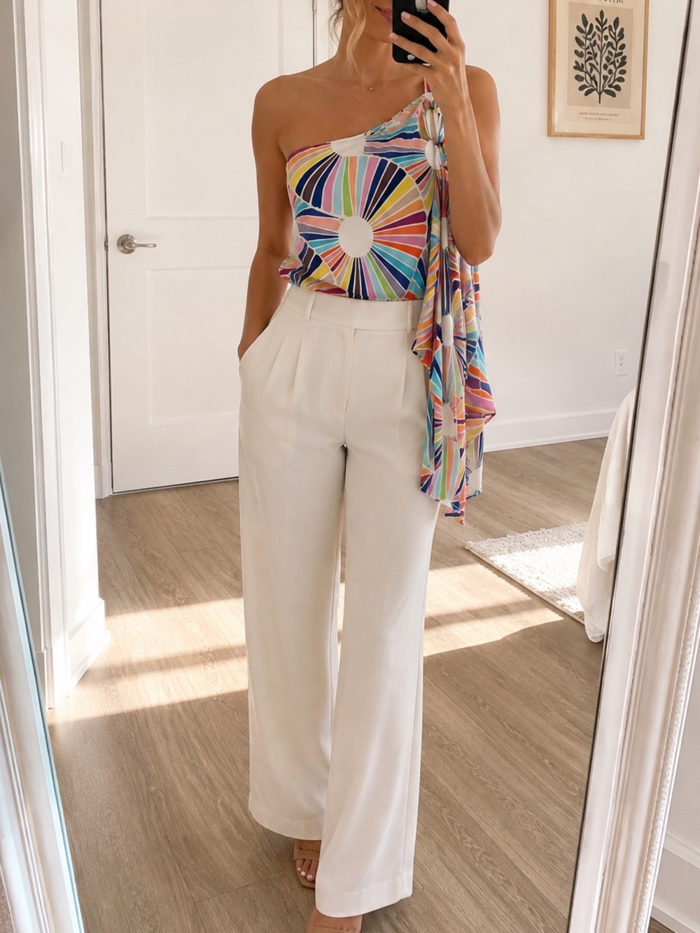 Trina Turk Multicolor One-Shoulder Fan-Print Blouse